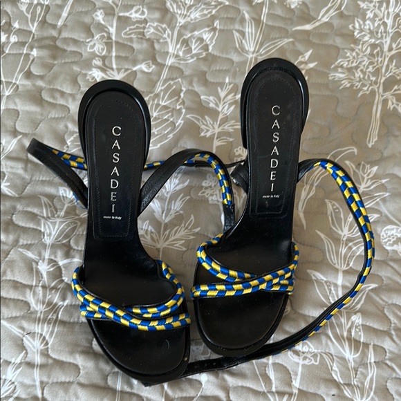 Casadei Shoes - Casadei Black Heeled Sandals with Blue and Yellow Braided Straps